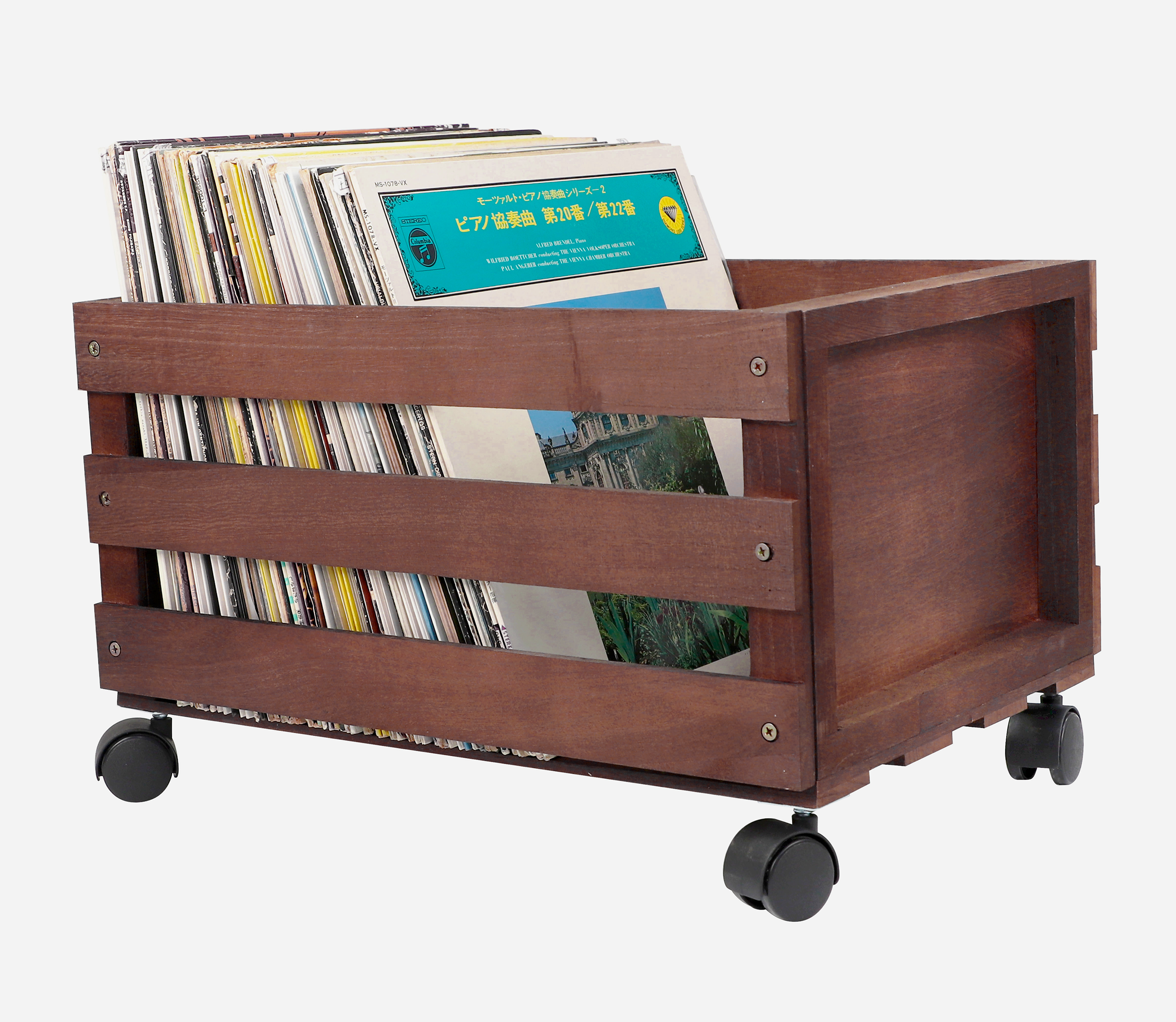 Vinyl kasse m. hjul i mørkt træ